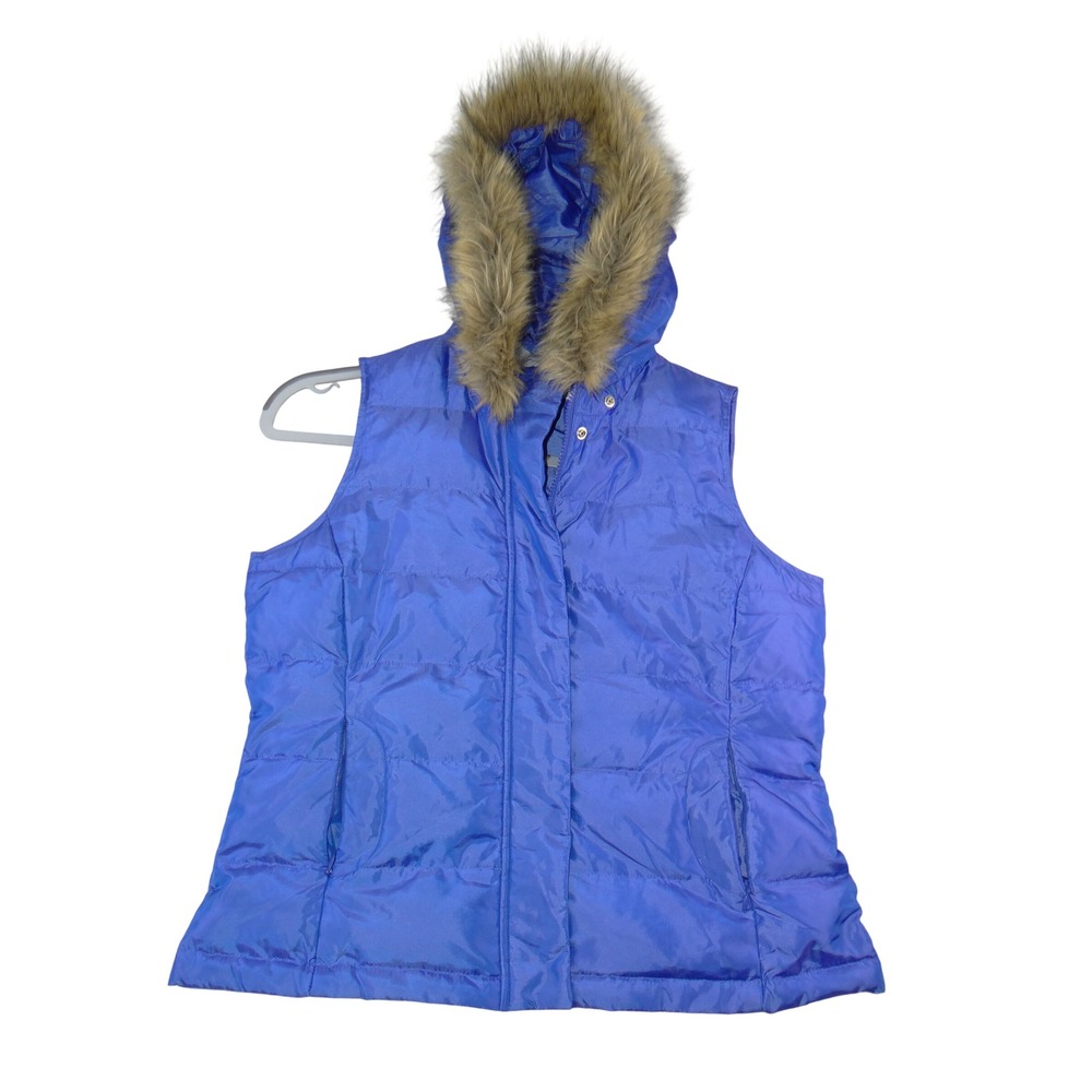 Talbots Petites Royal Blue Puffer Vest Faux Fur Trim Hooded Quilted Medium P M‎
